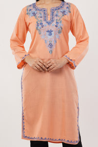 Kashmiri Aari embroidery Cotton Long Kurti Size-38 (Peach)