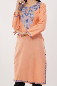 Kashmiri Aari embroidery Cotton Long Kurti Size-38 (Peach)
