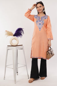 Kashmiri Aari embroidery Cotton Long Kurti Size-38 (Peach)