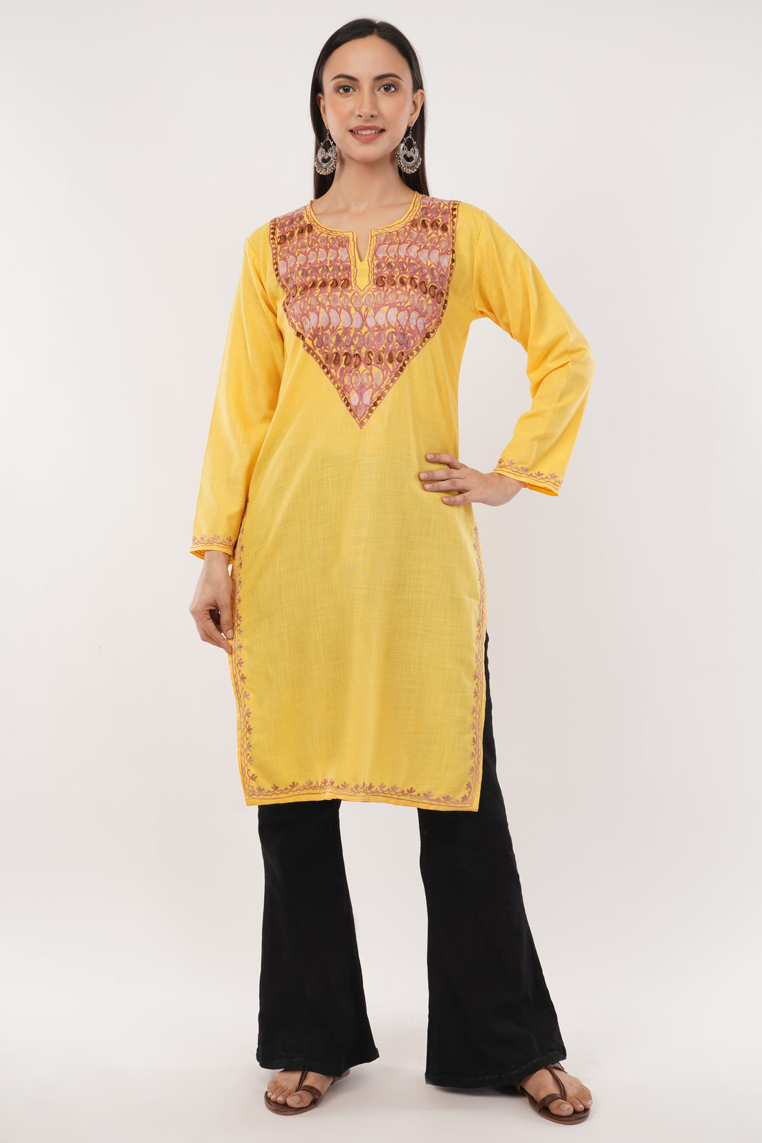 Kashmiri Aari embroidery Cotton Long Kurti Size-38 (Yellow)