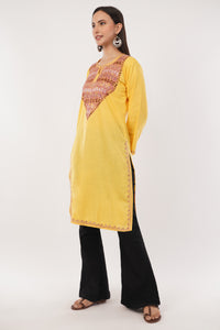 Kashmiri Aari embroidery Cotton Long Kurti Size-38 (Yellow)