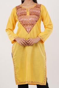 Kashmiri Aari embroidery Cotton Long Kurti Size-38 (Yellow)