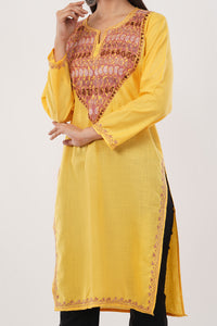 Kashmiri Aari embroidery Cotton Long Kurti Size-38 (Yellow)
