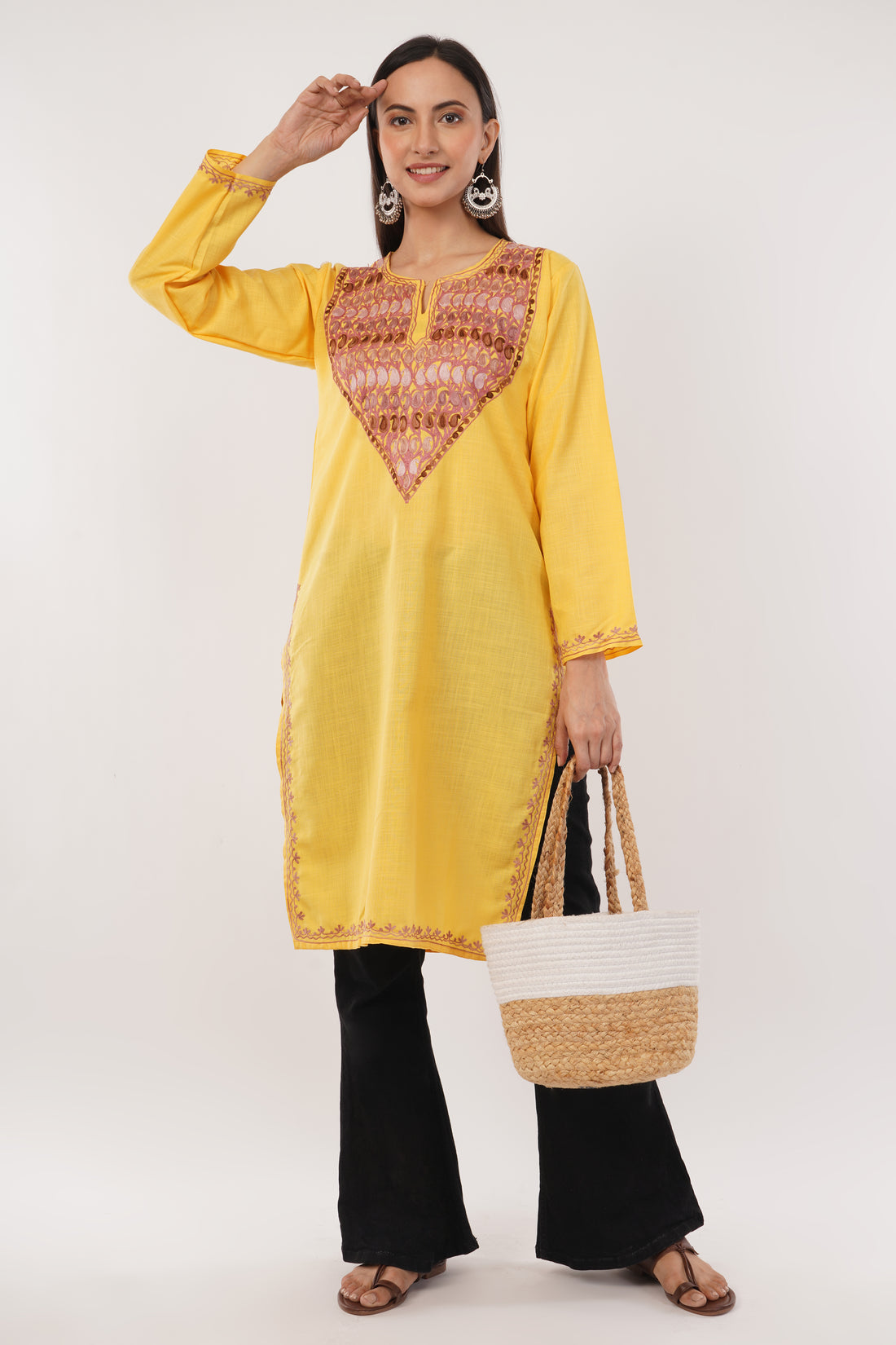 Kashmiri Aari embroidery Cotton Long Kurti Size-38 (Yellow)