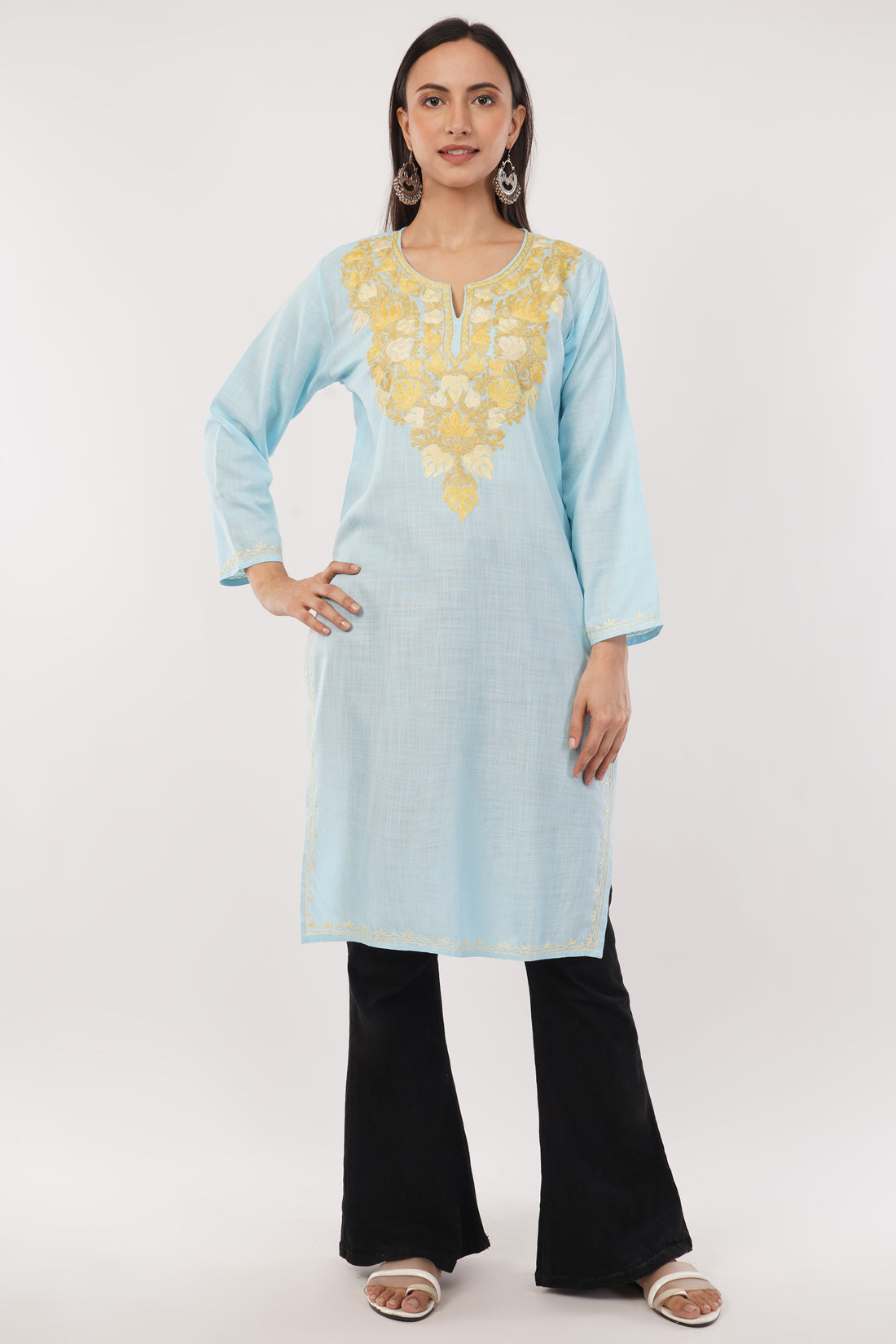 Kashmiri Aari embroidery Cotton Long Kurti Size-38 (Sky Blue)
