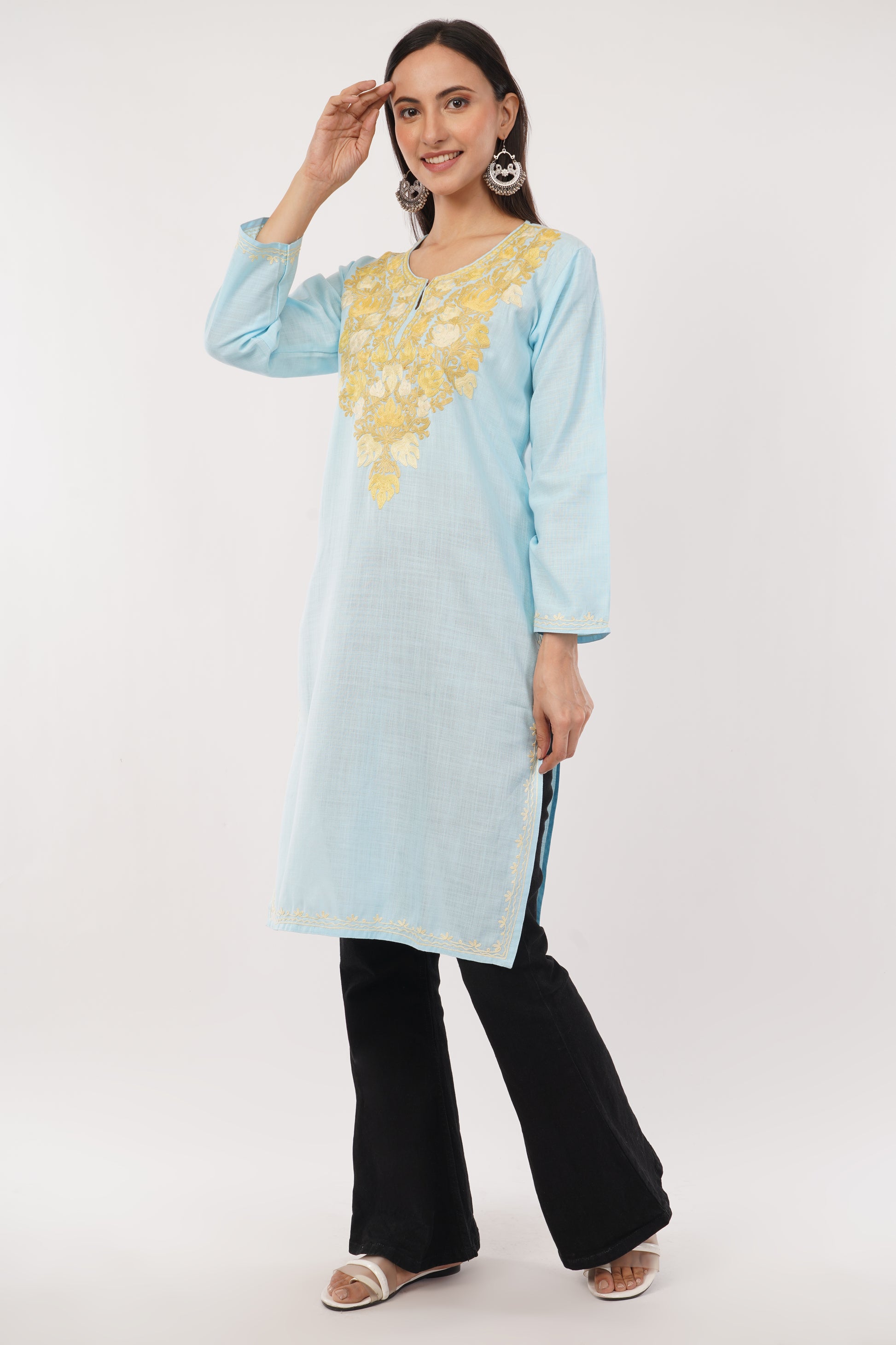 Kashmiri Aari embroidery Cotton Long Kurti Size-38 (Sky Blue)