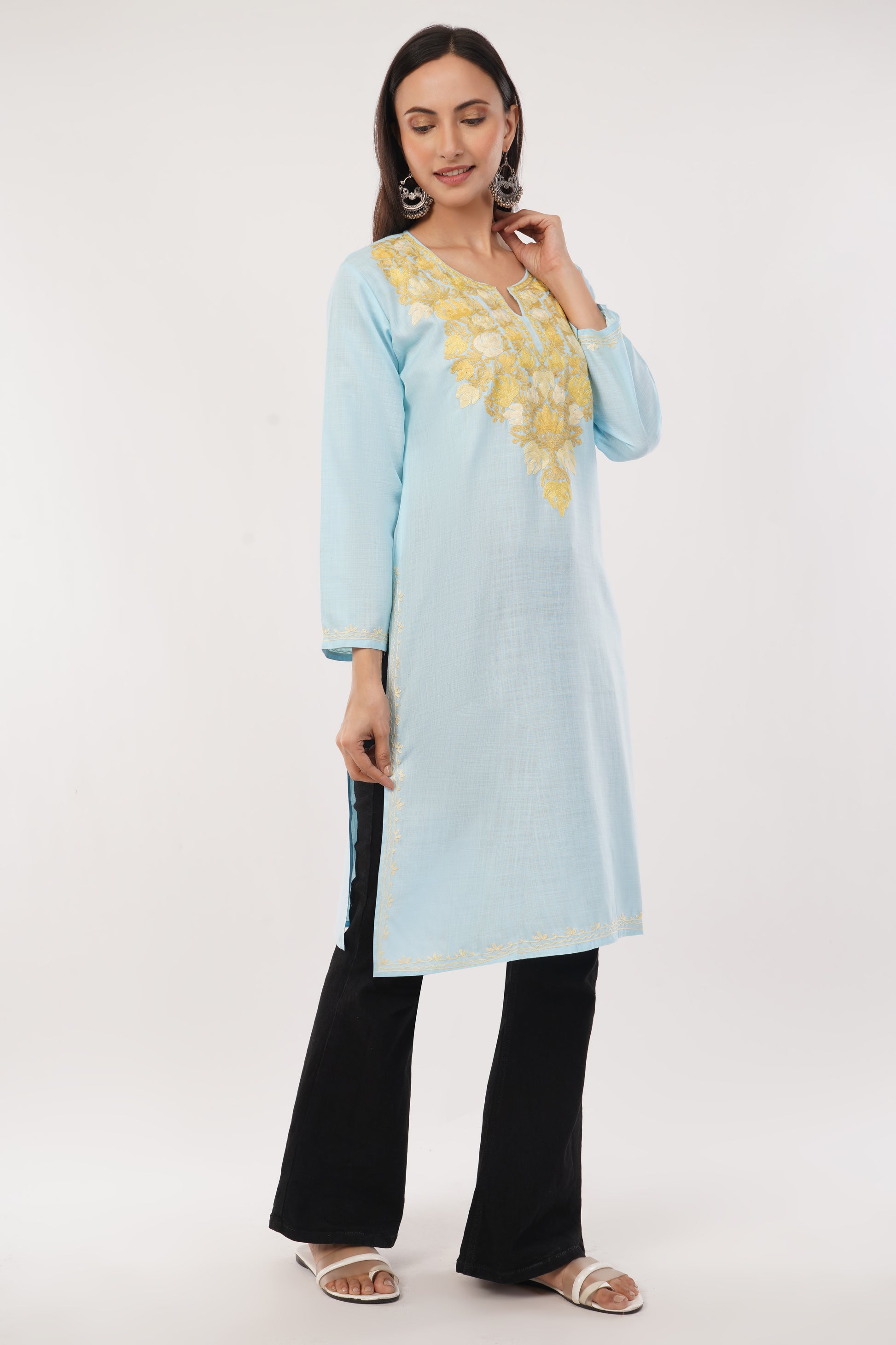 Kashmiri Aari embroidery Cotton Long Kurti Size-38 (Sky Blue)