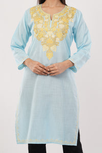 Kashmiri Aari embroidery Cotton Long Kurti Size-38 (Sky Blue)