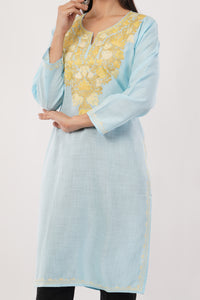 Kashmiri Aari embroidery Cotton Long Kurti Size-38 (Sky Blue)