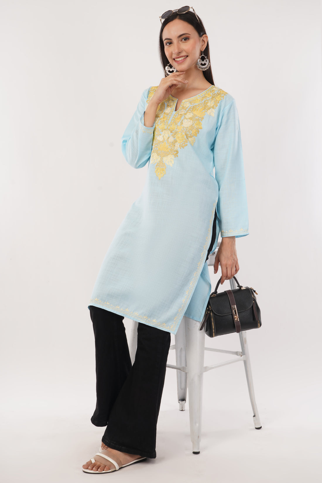 Kashmiri Aari embroidery Cotton Long Kurti Size-38 (Sky Blue)