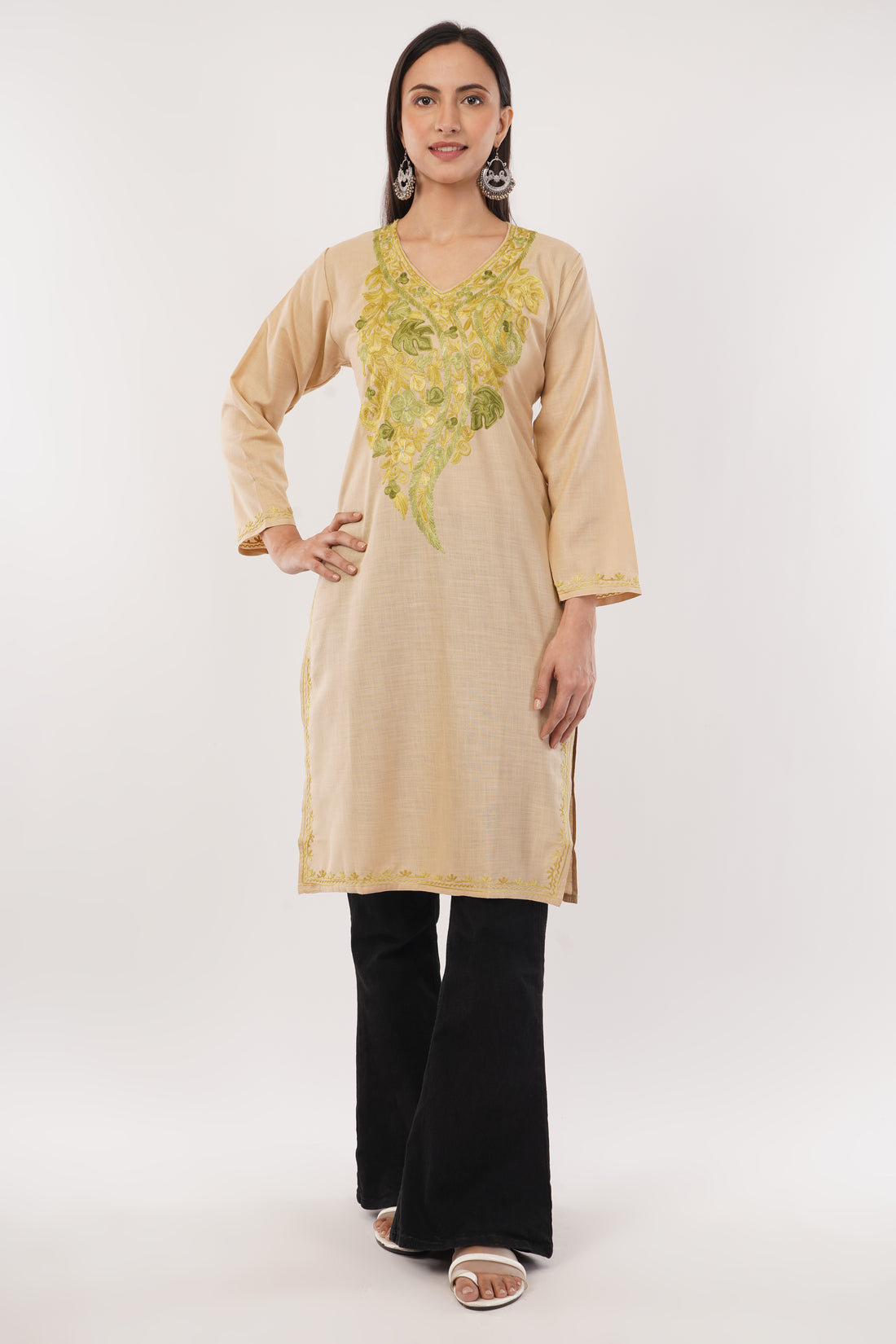 Kashmiri Aari embroidery Cotton Long Kurti Size-38 (Beige)