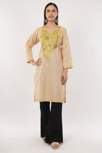 Kashmiri Aari embroidery Cotton Long Kurti Size-38 (Beige)