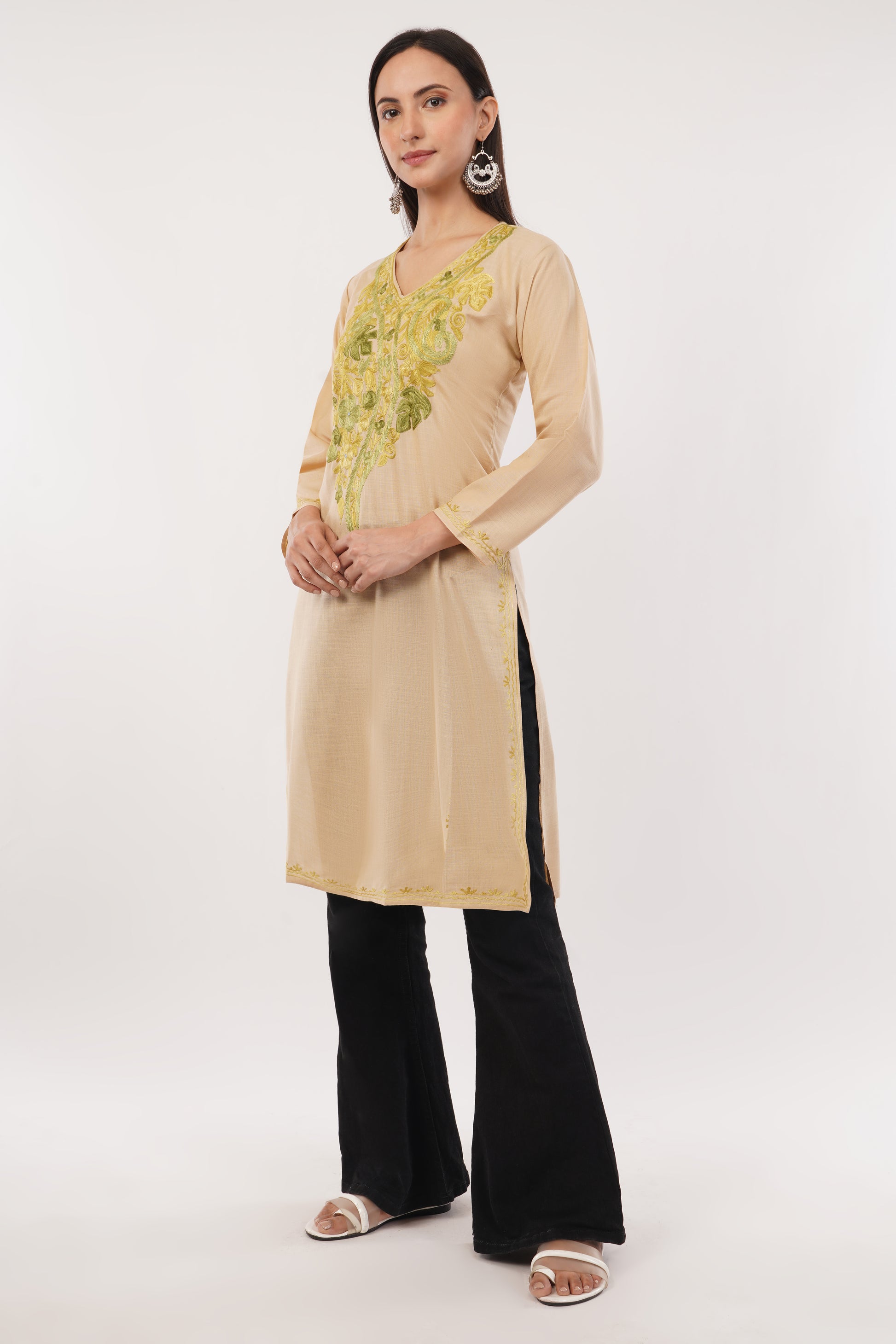 Kashmiri Aari embroidery Cotton Long Kurti Size-38 (Beige)