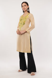 Kashmiri Aari embroidery Cotton Long Kurti Size-38 (Beige)
