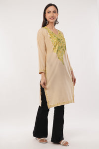 Kashmiri Aari embroidery Cotton Long Kurti Size-38 (Beige)
