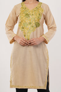 Kashmiri Aari embroidery Cotton Long Kurti Size-38 (Beige)