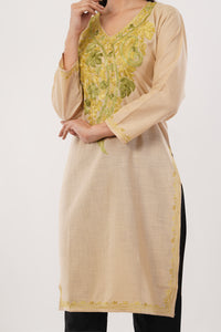 Kashmiri Aari embroidery Cotton Long Kurti Size-38 (Beige)
