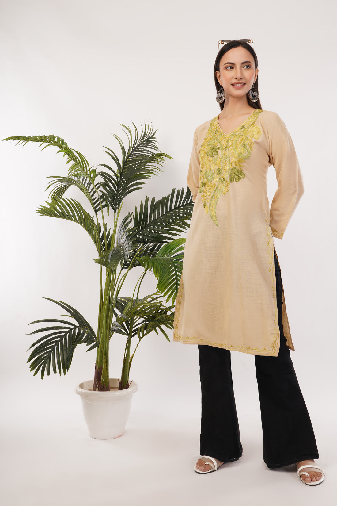 Kashmiri Aari embroidery Cotton Long Kurti Size-38 (Beige)