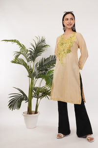 Kashmiri Aari embroidery Cotton Long Kurti Size-38 (Beige)