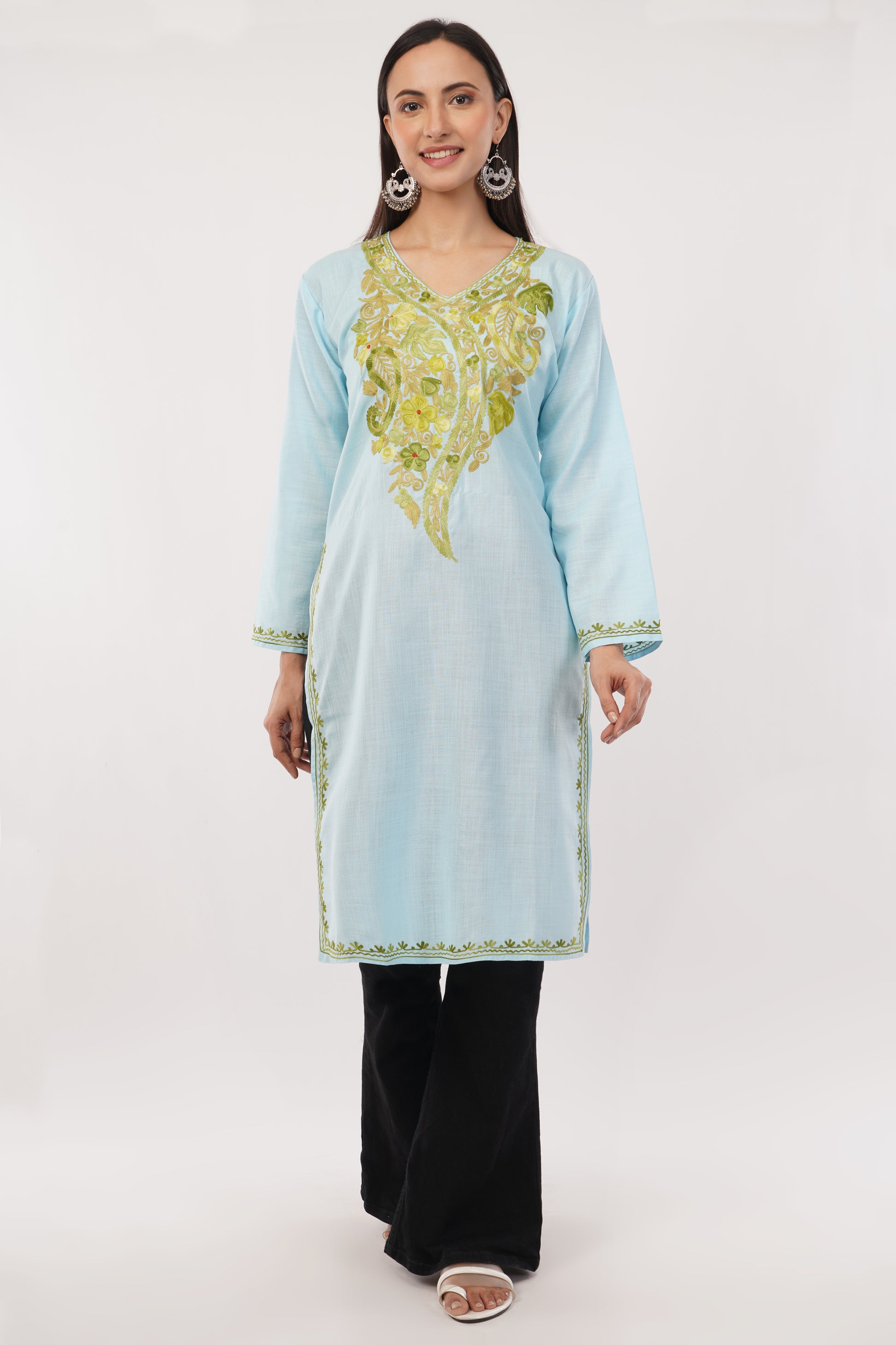 Kashmiri Aari embroidery Cotton Long Kurti Size-38 (Sky Blue)