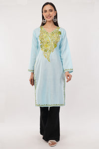 Kashmiri Aari embroidery Cotton Long Kurti Size-38 (Sky Blue)