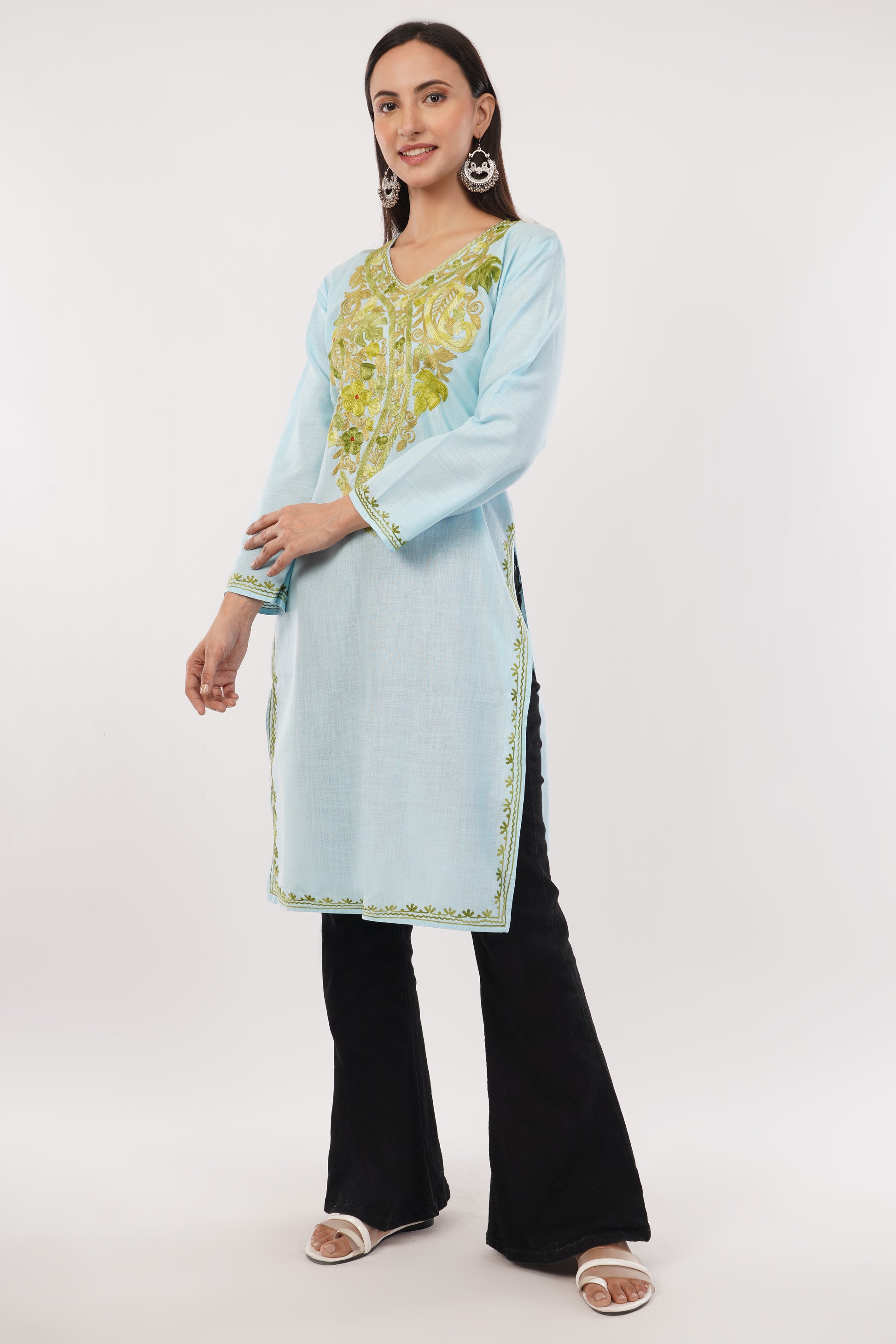 Kashmiri Aari embroidery Cotton Long Kurti Size-38 (Sky Blue)