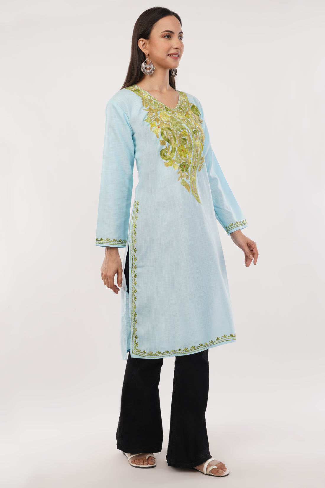 Kashmiri Aari embroidery Cotton Long Kurti Size-38 (Sky Blue)