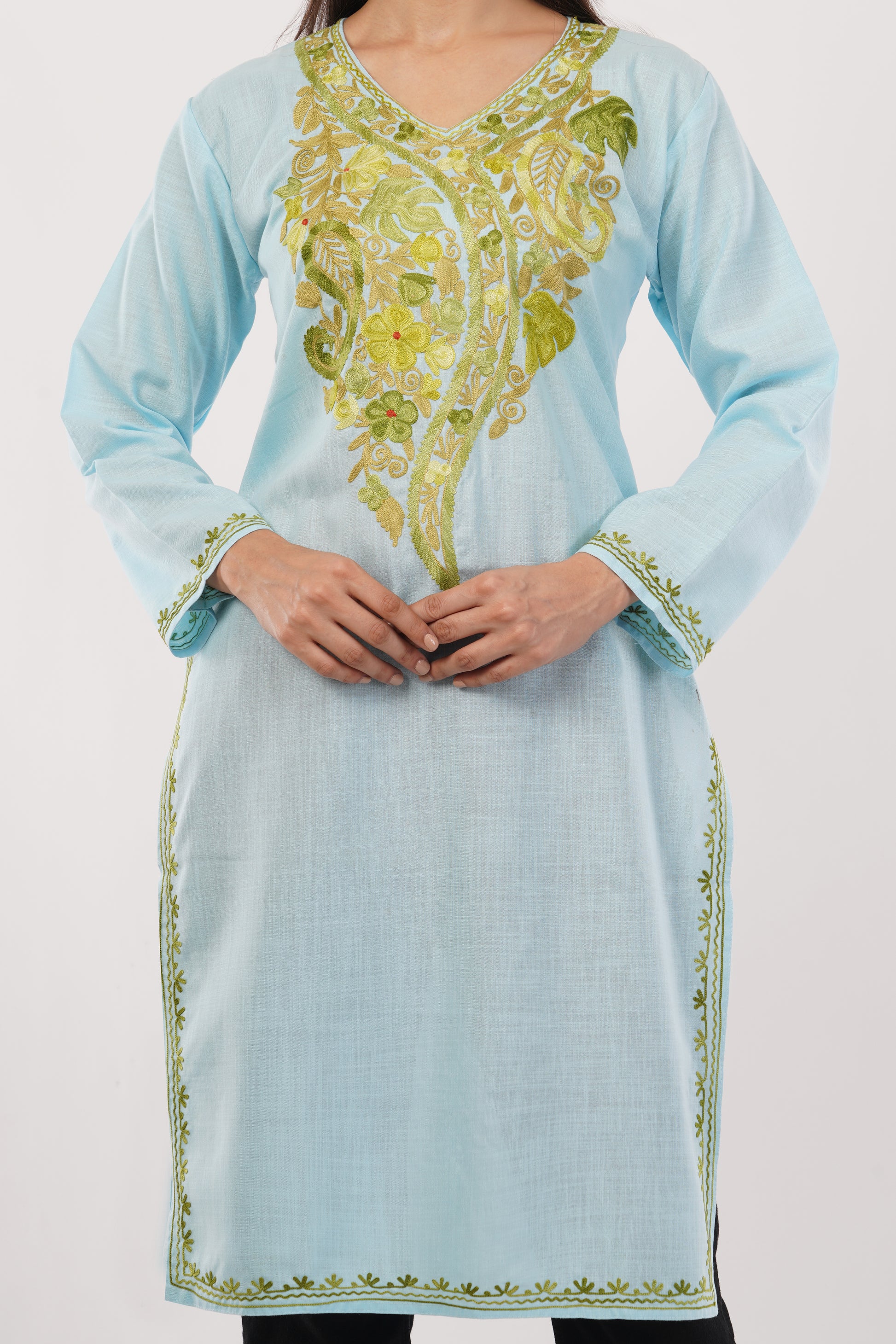 Kashmiri Aari embroidery Cotton Long Kurti Size-38 (Sky Blue)