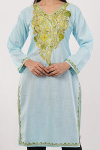Kashmiri Aari embroidery Cotton Long Kurti Size-38 (Sky Blue)