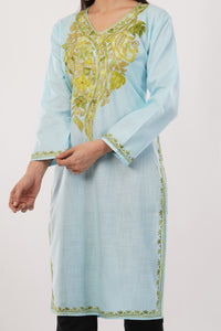 Kashmiri Aari embroidery Cotton Long Kurti Size-38 (Sky Blue)