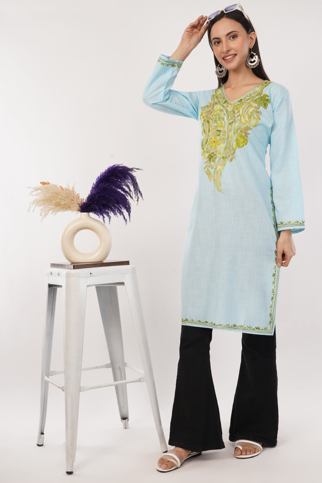 Kashmiri Aari embroidery Cotton Long Kurti Size-38 (Sky Blue)