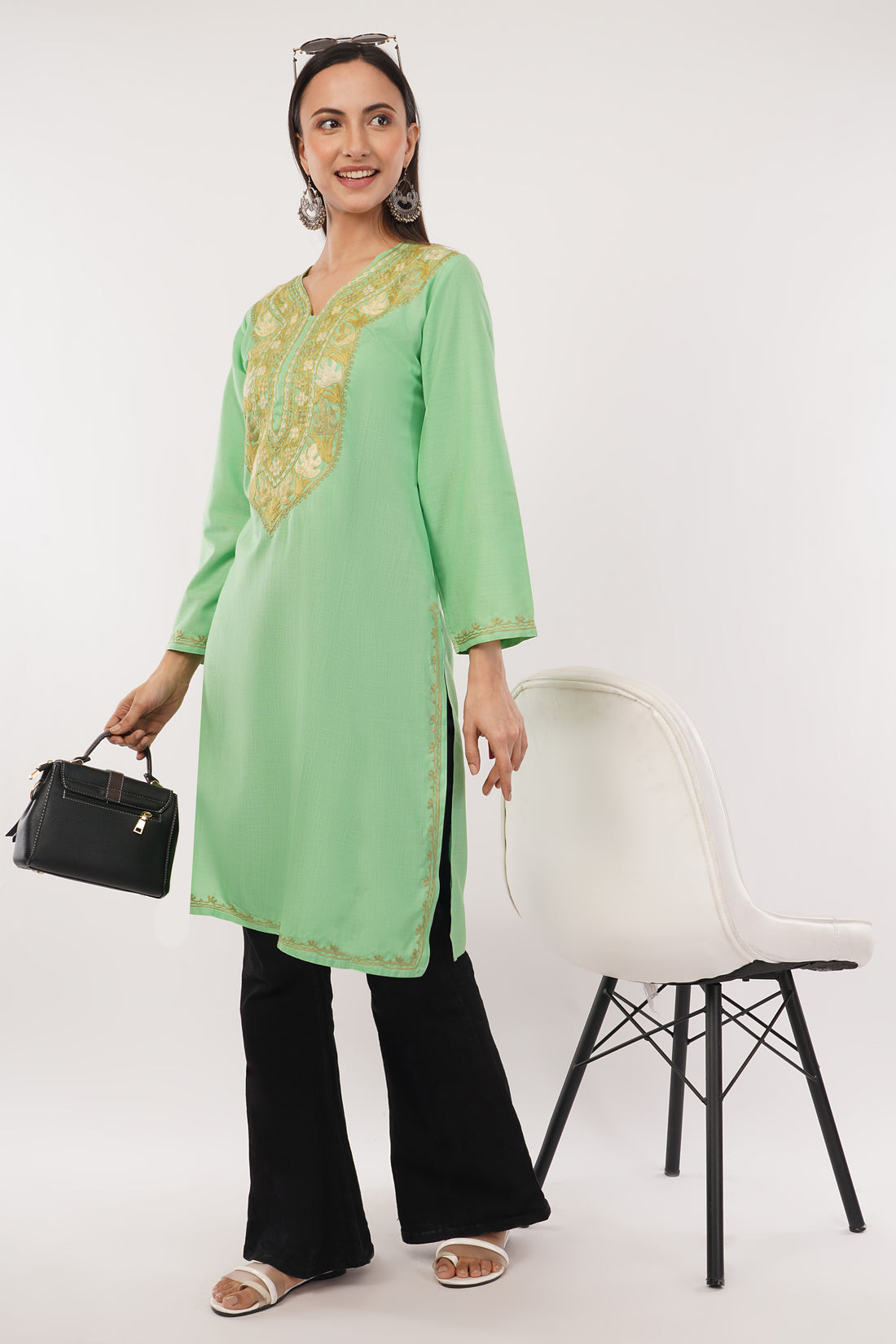 Kashmiri Aari embroidery Cotton Long Kurti Size-38 (Green)