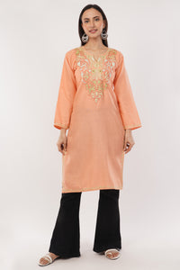 Kashmiri Aari embroidery Cotton Long Kurti Size-38 (Peach)