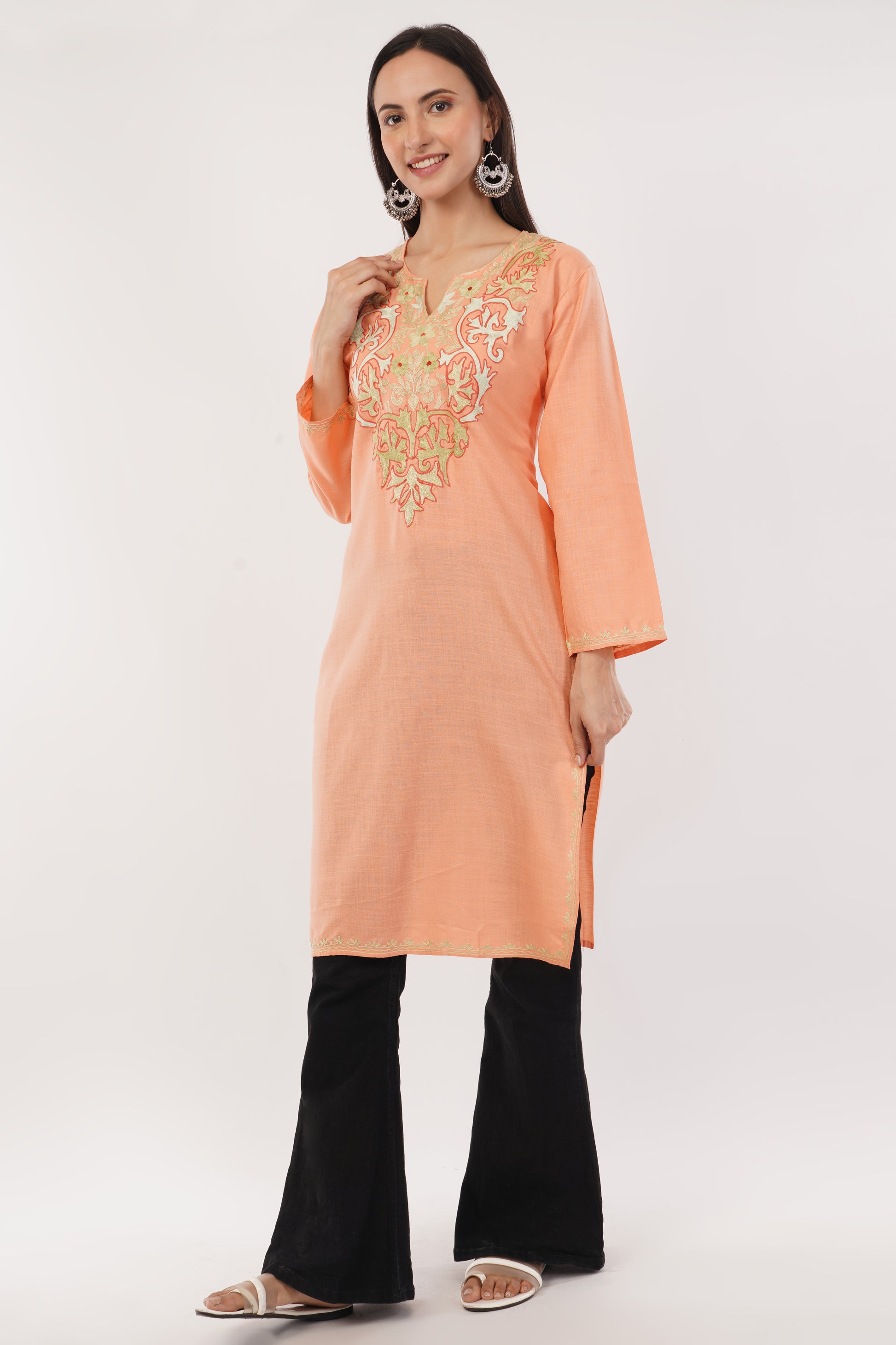 Kashmiri Aari embroidery Cotton Long Kurti Size-38 (Peach)