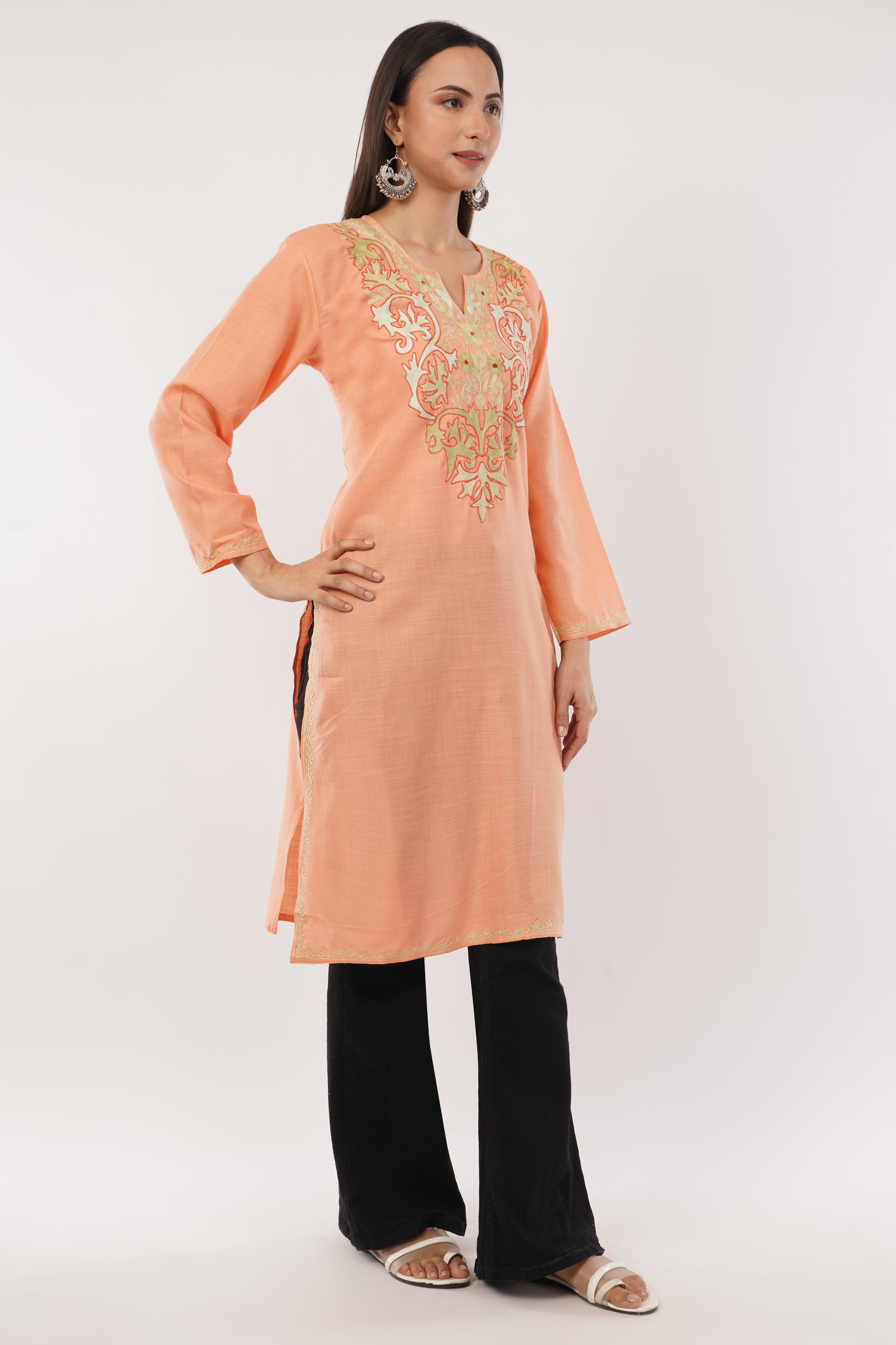 Kashmiri Aari embroidery Cotton Long Kurti Size-38 (Peach)