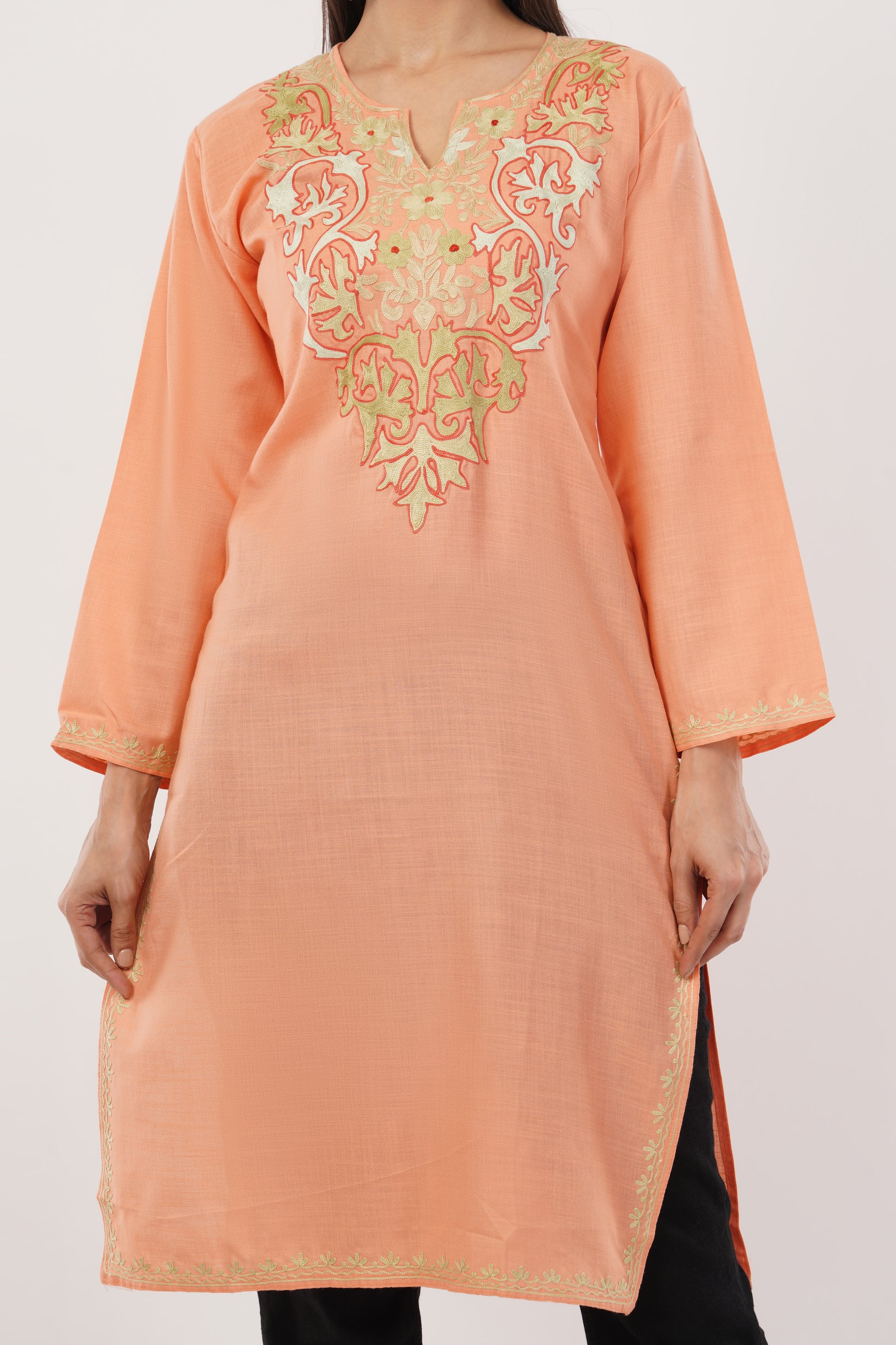 Kashmiri Aari embroidery Cotton Long Kurti Size-38 (Peach)