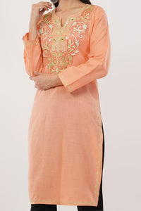 Kashmiri Aari embroidery Cotton Long Kurti Size-38 (Peach)