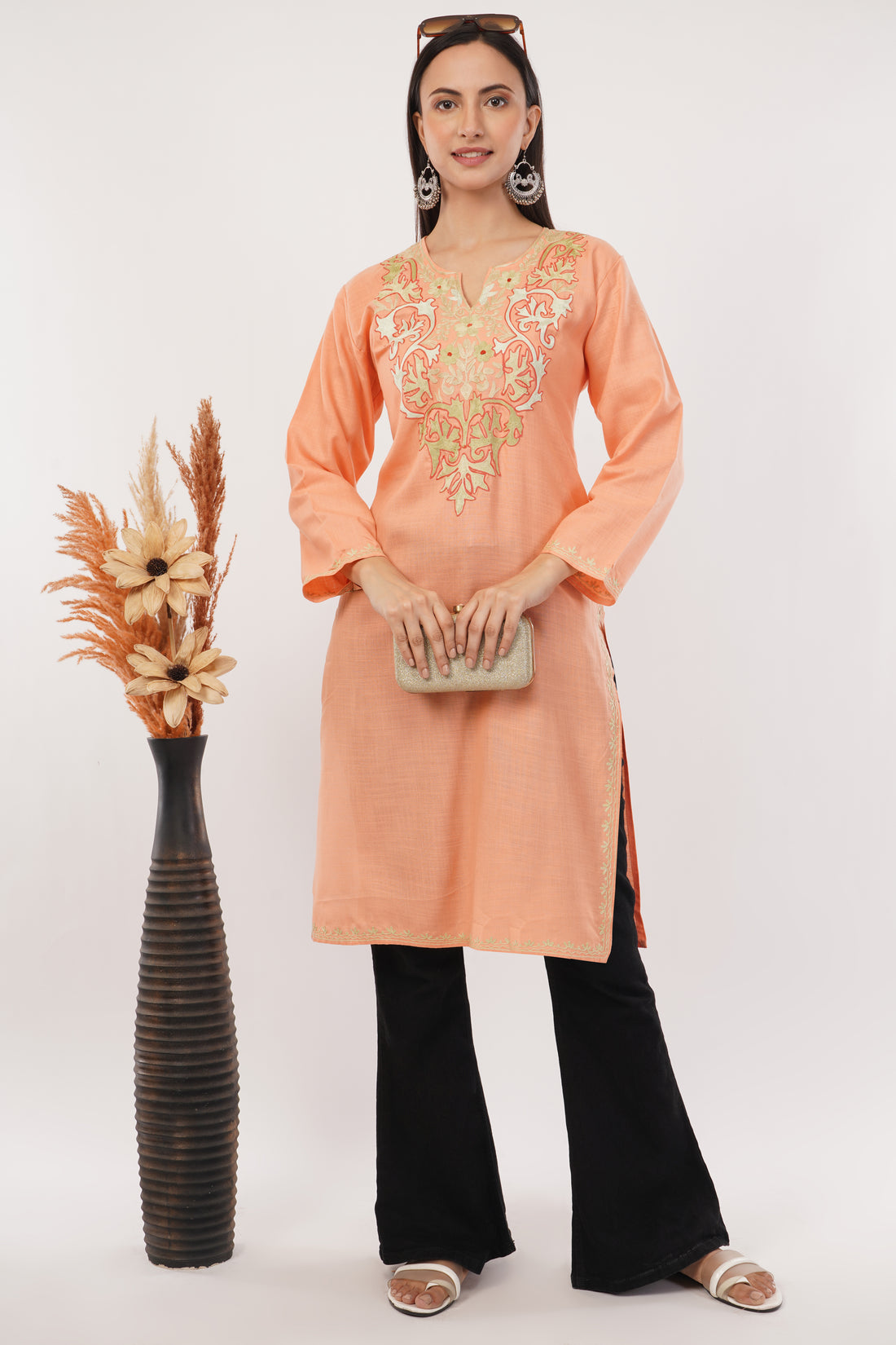 Kashmiri Aari embroidery Cotton Long Kurti Size-38 (Peach)