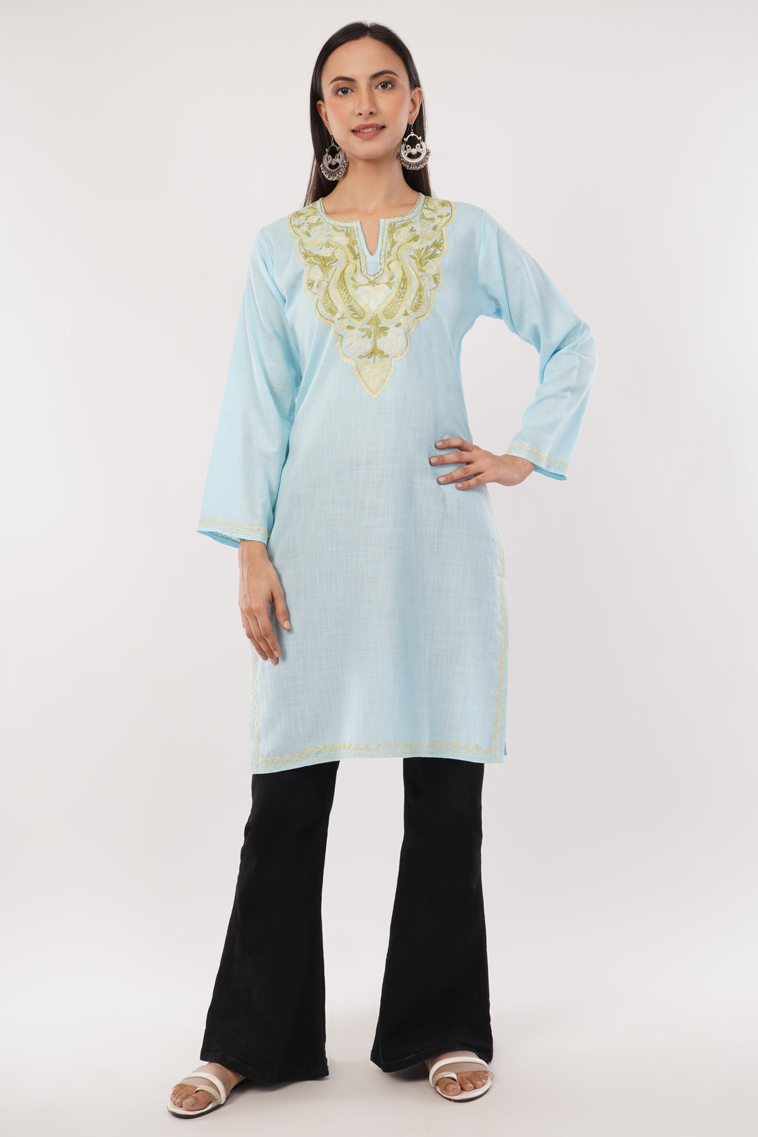 Kashmiri Aari embroidery Cotton Long Kurti Size-38 (Sky Blue)