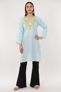 Kashmiri Aari embroidery Cotton Long Kurti Size-38 (Sky Blue)