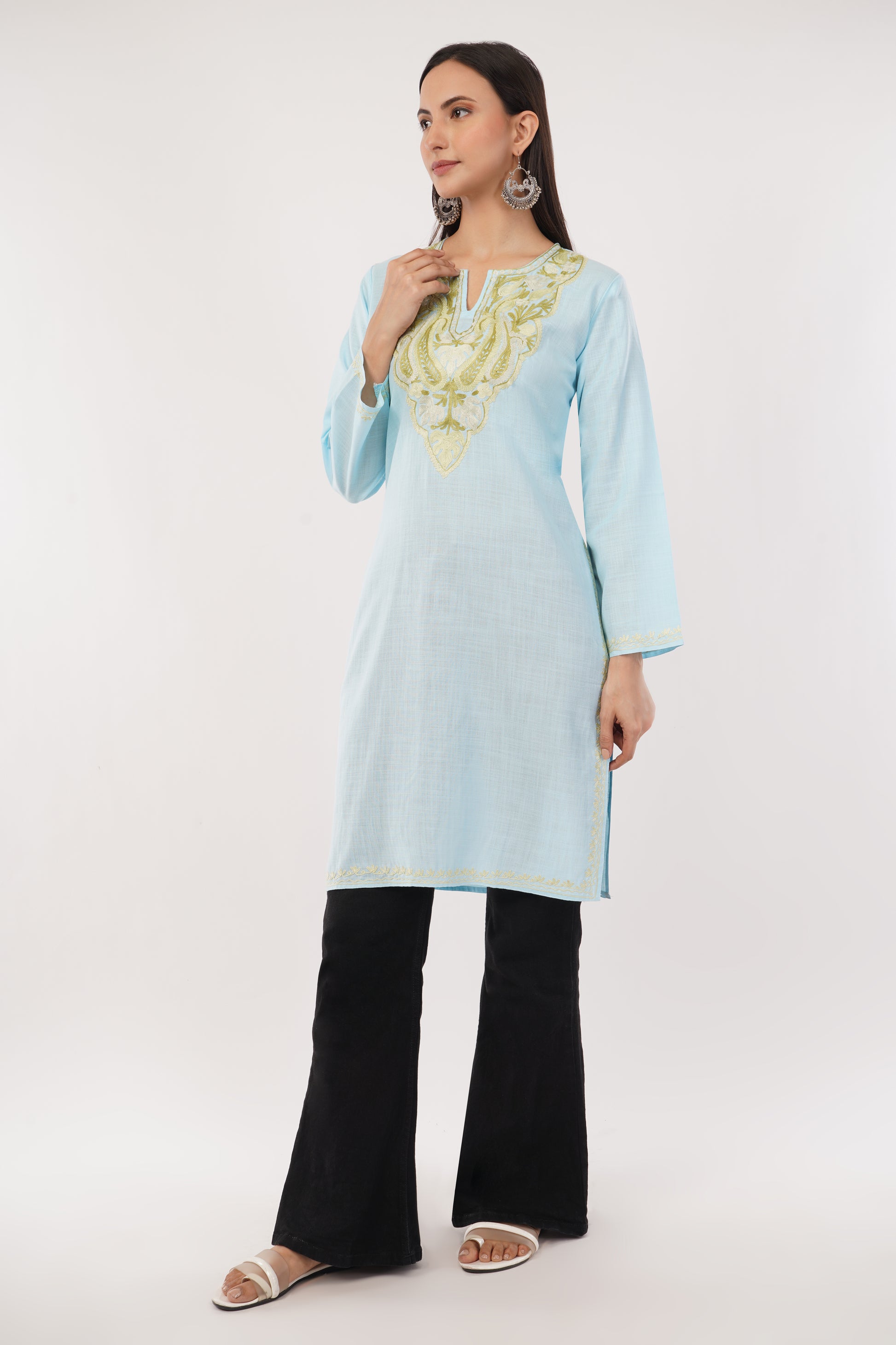Kashmiri Aari embroidery Cotton Long Kurti Size-38 (Sky Blue)