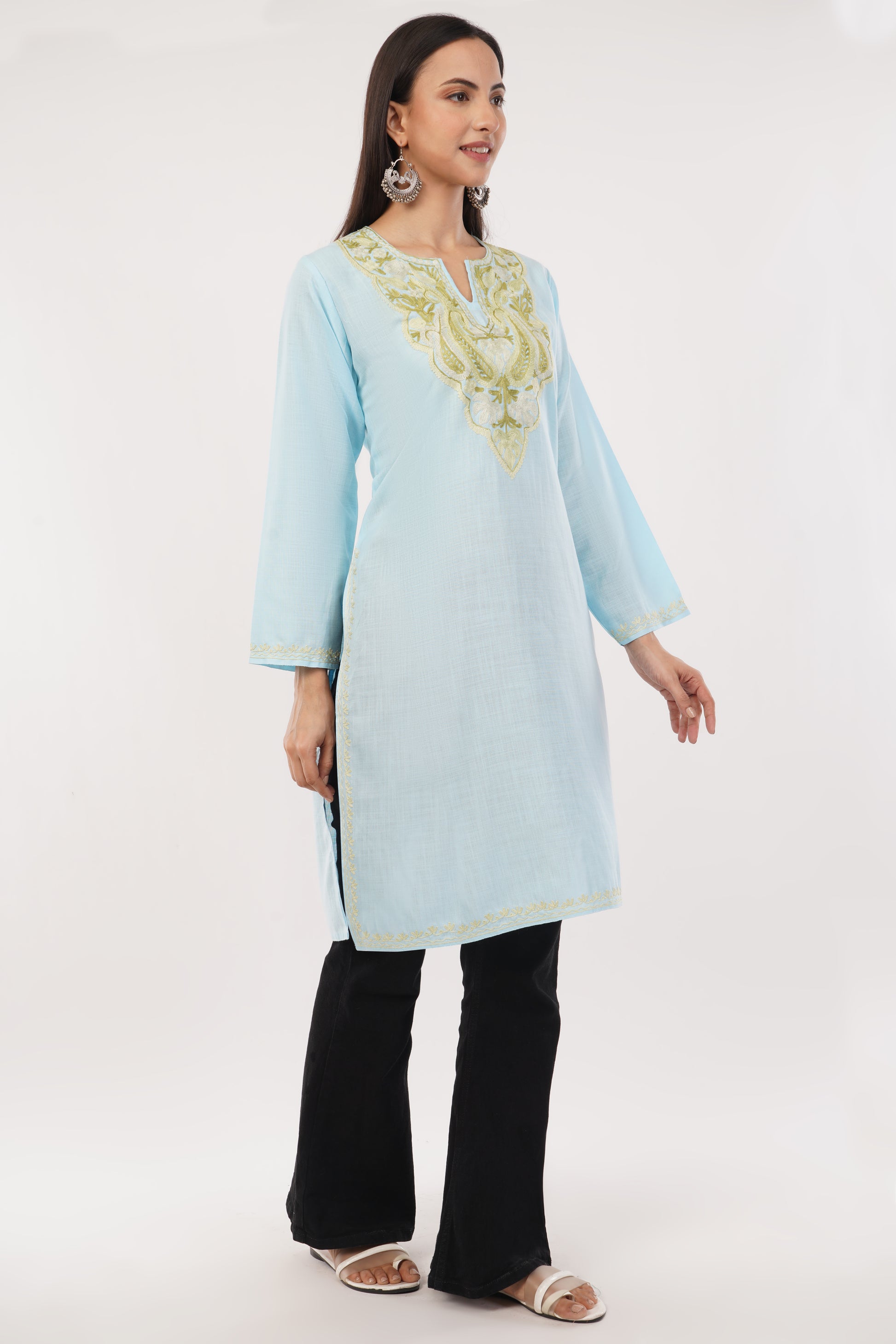 Kashmiri Aari embroidery Cotton Long Kurti Size-38 (Sky Blue)