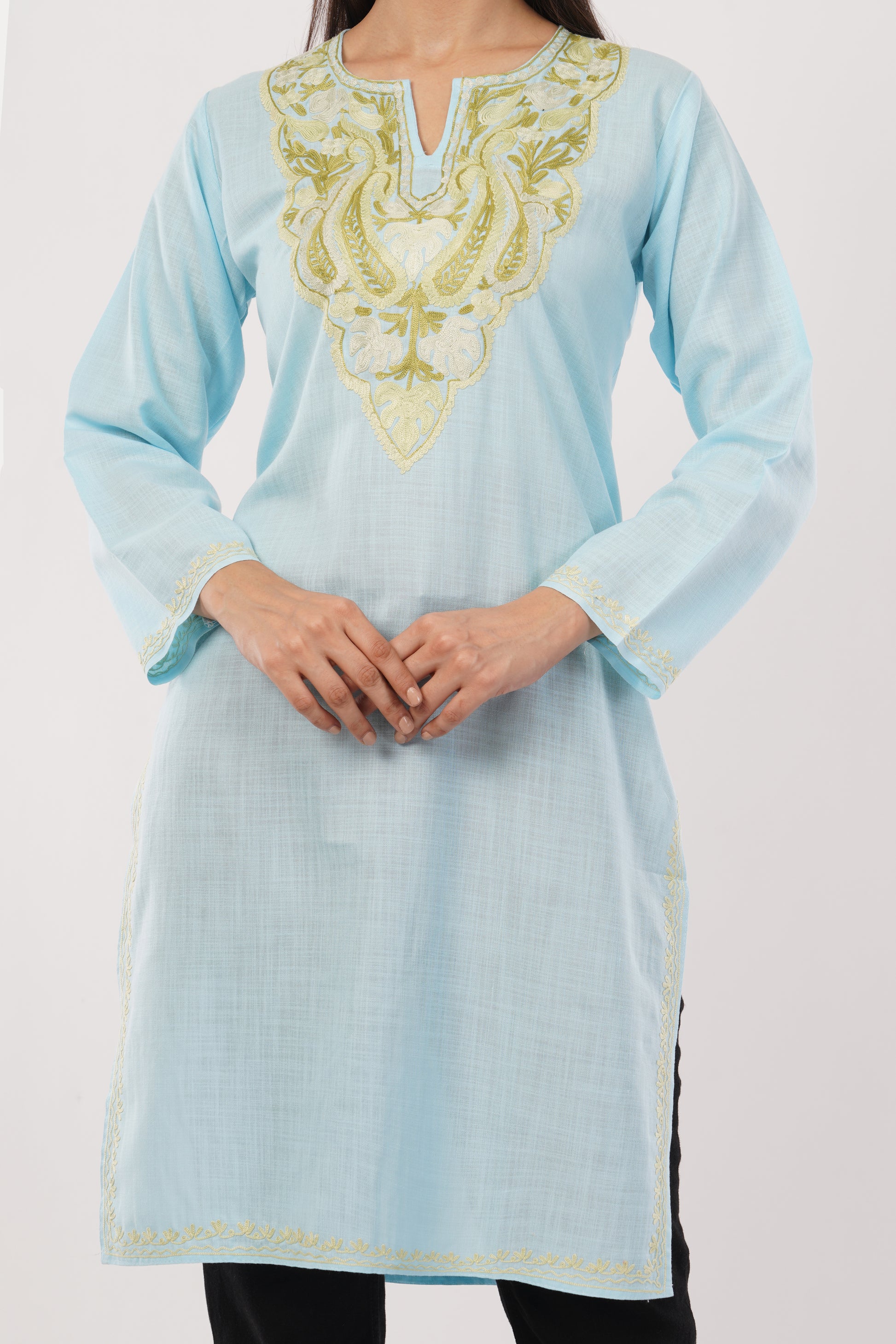 Kashmiri Aari embroidery Cotton Long Kurti Size-38 (Sky Blue)