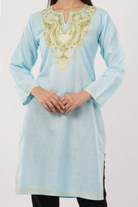 Kashmiri Aari embroidery Cotton Long Kurti Size-38 (Sky Blue)
