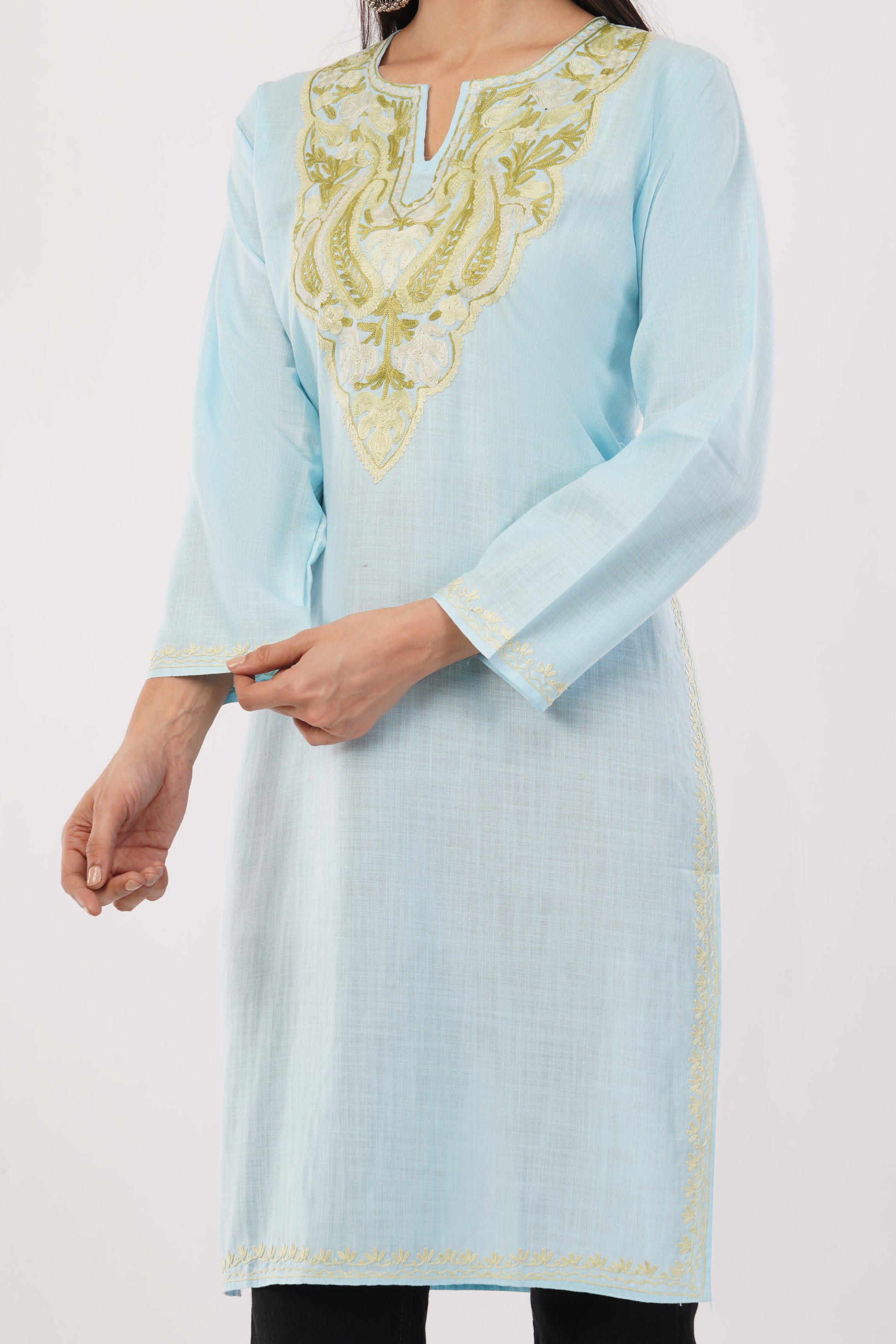 Kashmiri Aari embroidery Cotton Long Kurti Size-38 (Sky Blue)