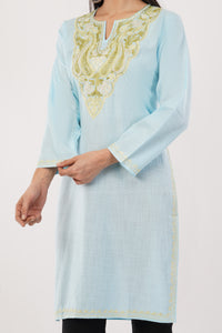 Kashmiri Aari embroidery Cotton Long Kurti Size-38 (Sky Blue)
