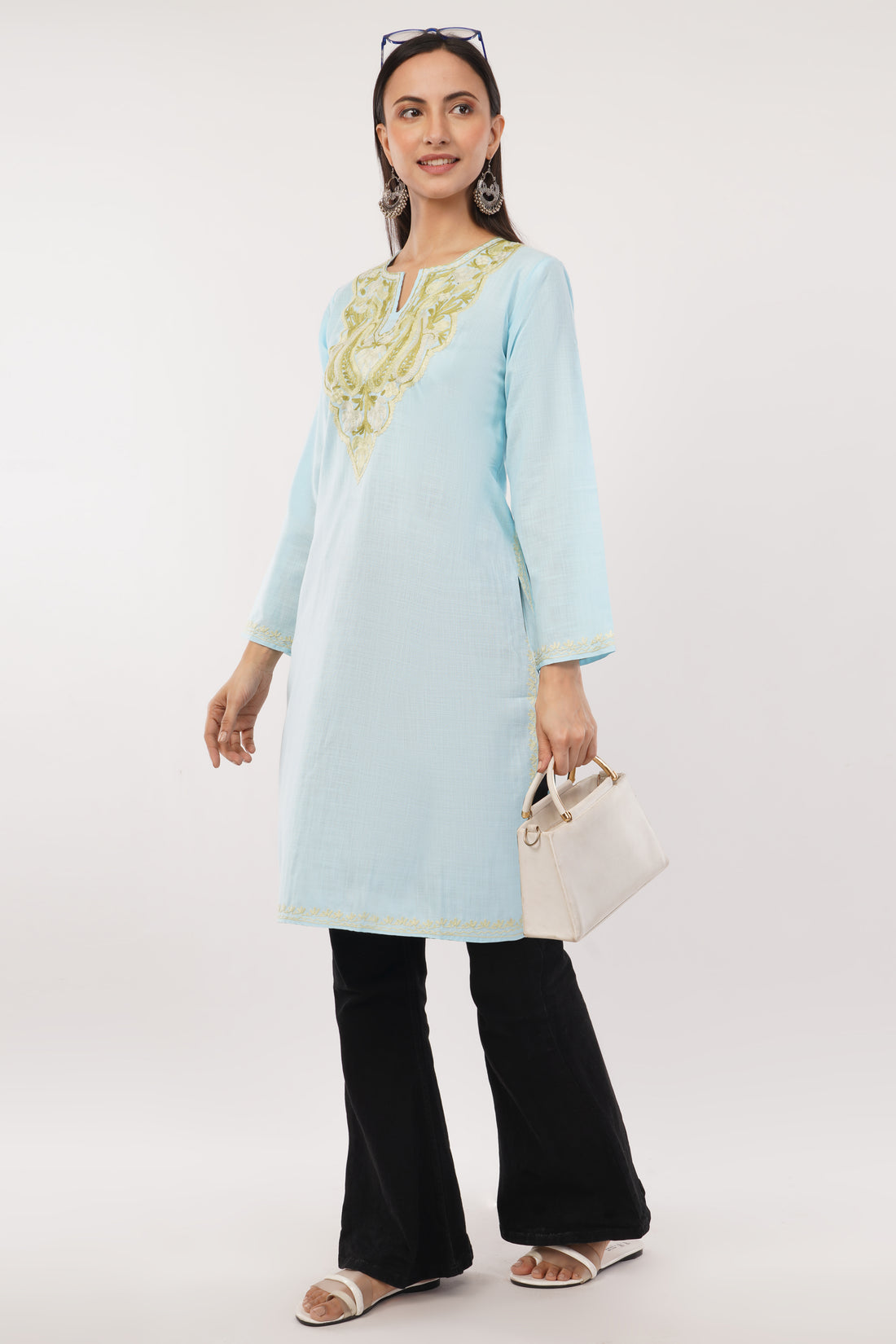 Kashmiri Aari embroidery Cotton Long Kurti Size-38 (Sky Blue)