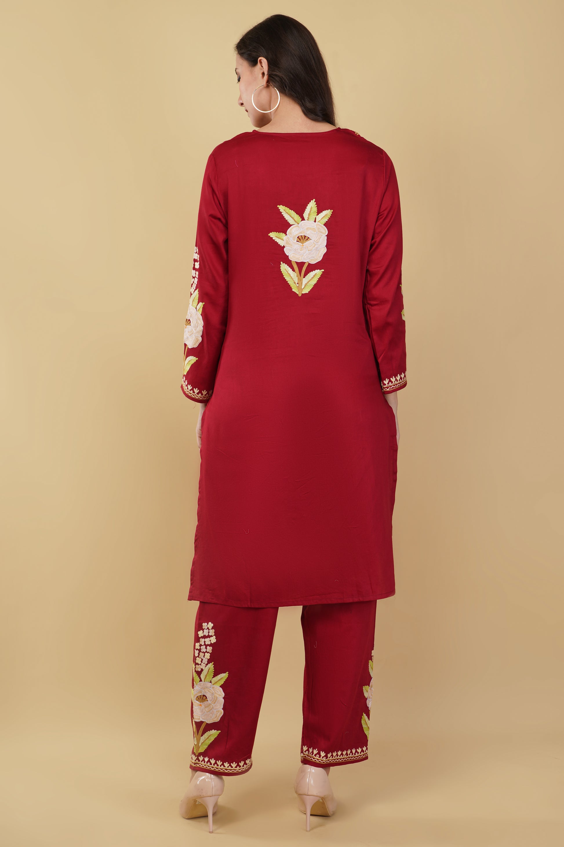 Kashmiri Aari embroidery Jaam Cotton Co-ord set Size-40 (Red)