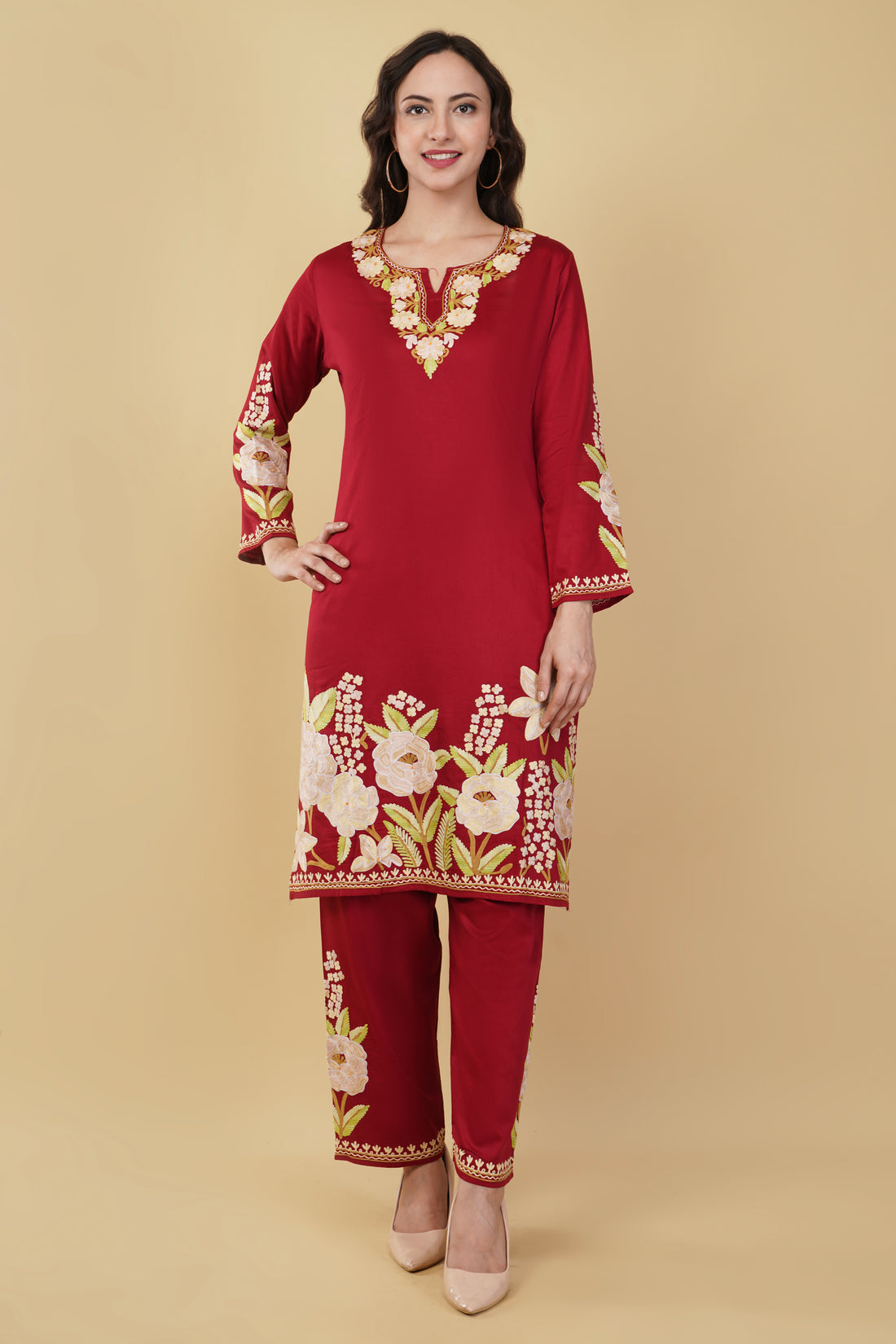 Kashmiri Aari embroidery Jaam Cotton Co-ord set Size-40 (Red)