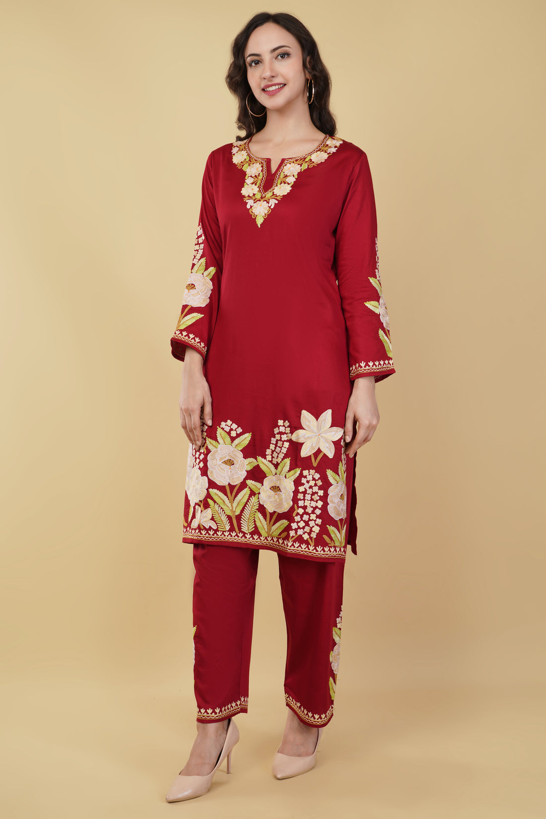 Kashmiri Aari embroidery Jaam Cotton Co-ord set Size-40 (Red)